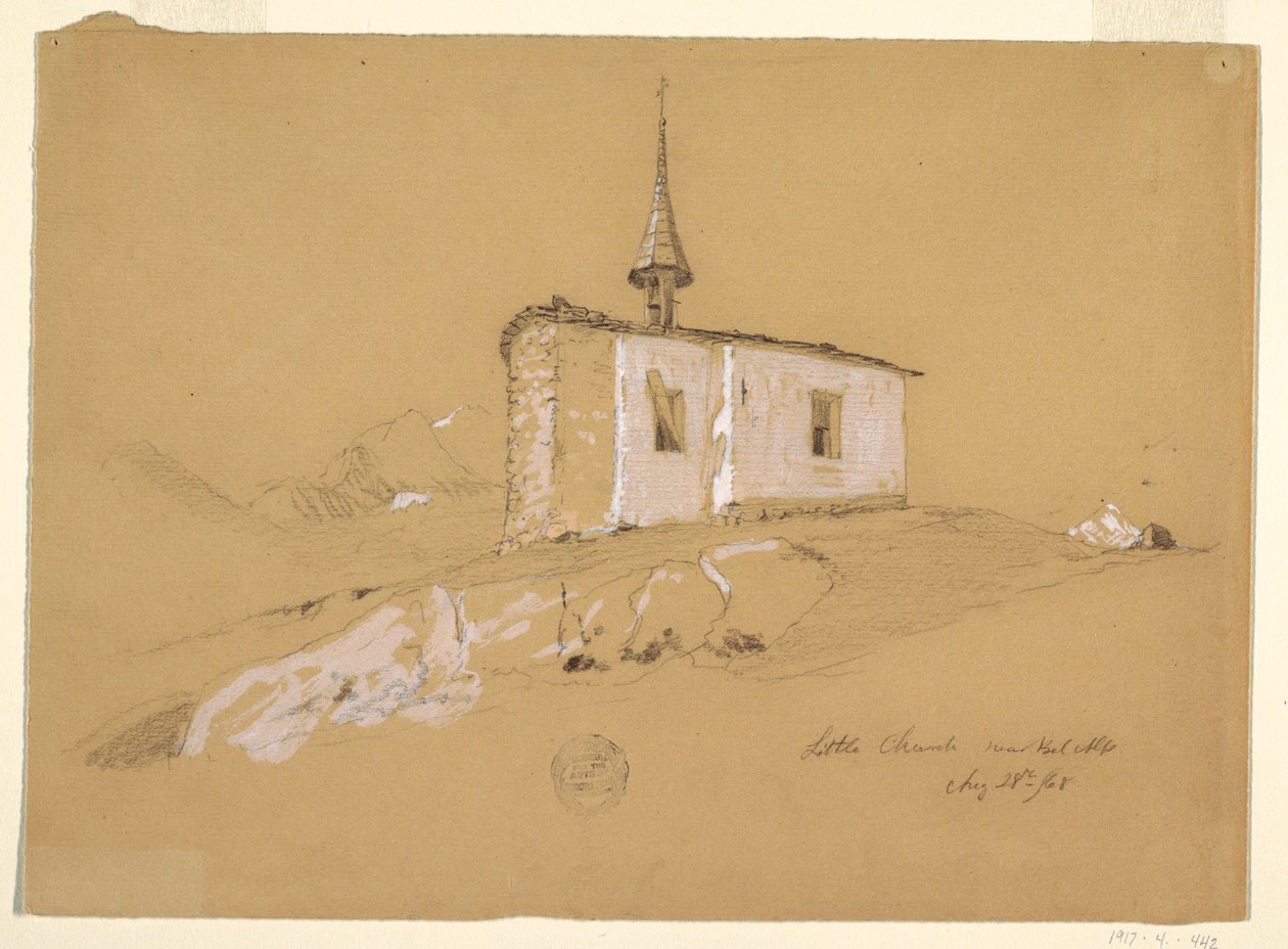 Tekening, "Kerkje bij Bel Arp", Berner Alpen, Zwitserland, 28 augustus 1868 door Frederic Edwin Church