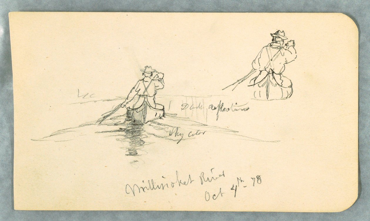 Tekening, Man peddelt kano op Millinoket rivier, 4 oktober 1878 door Frederic Edwin Church
