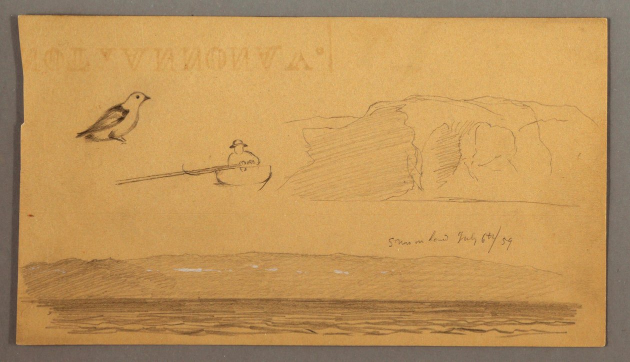 Tekening, Man in boot, vogel, kliffen, kust, 6 juli 1859 door Frederic Edwin Church