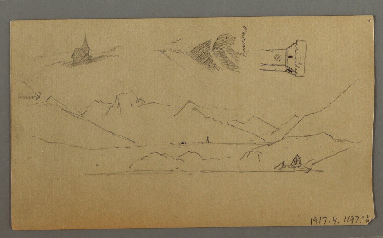 Tekening, Middeleeuws kasteel, twee torens, figuurstudies, bij Thun, mogelijk 1868 door Frederic Edwin Church