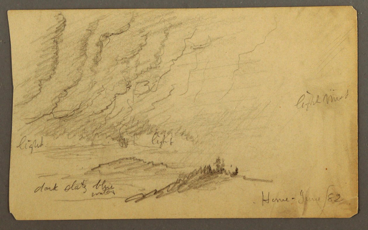 Tekening, Mist over rivier en heuvels, juni 1882 door Frederic Edwin Church