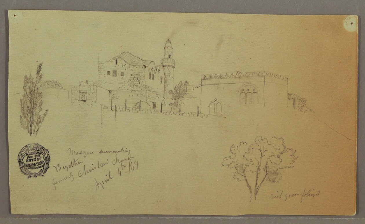 Tekening, Moskee en aangrenzende gebouwen, bomen, 4 april 1868 door Frederic Edwin Church