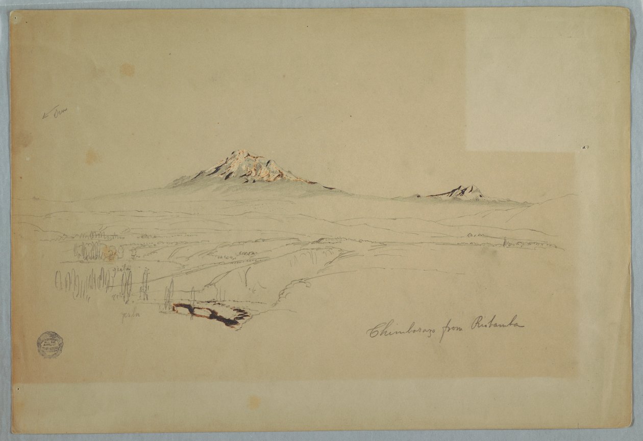 Tekening, Mount Chimborazo, Uitzicht vanuit Riobamba, Ecuador, juli 1857 door Frederic Edwin Church