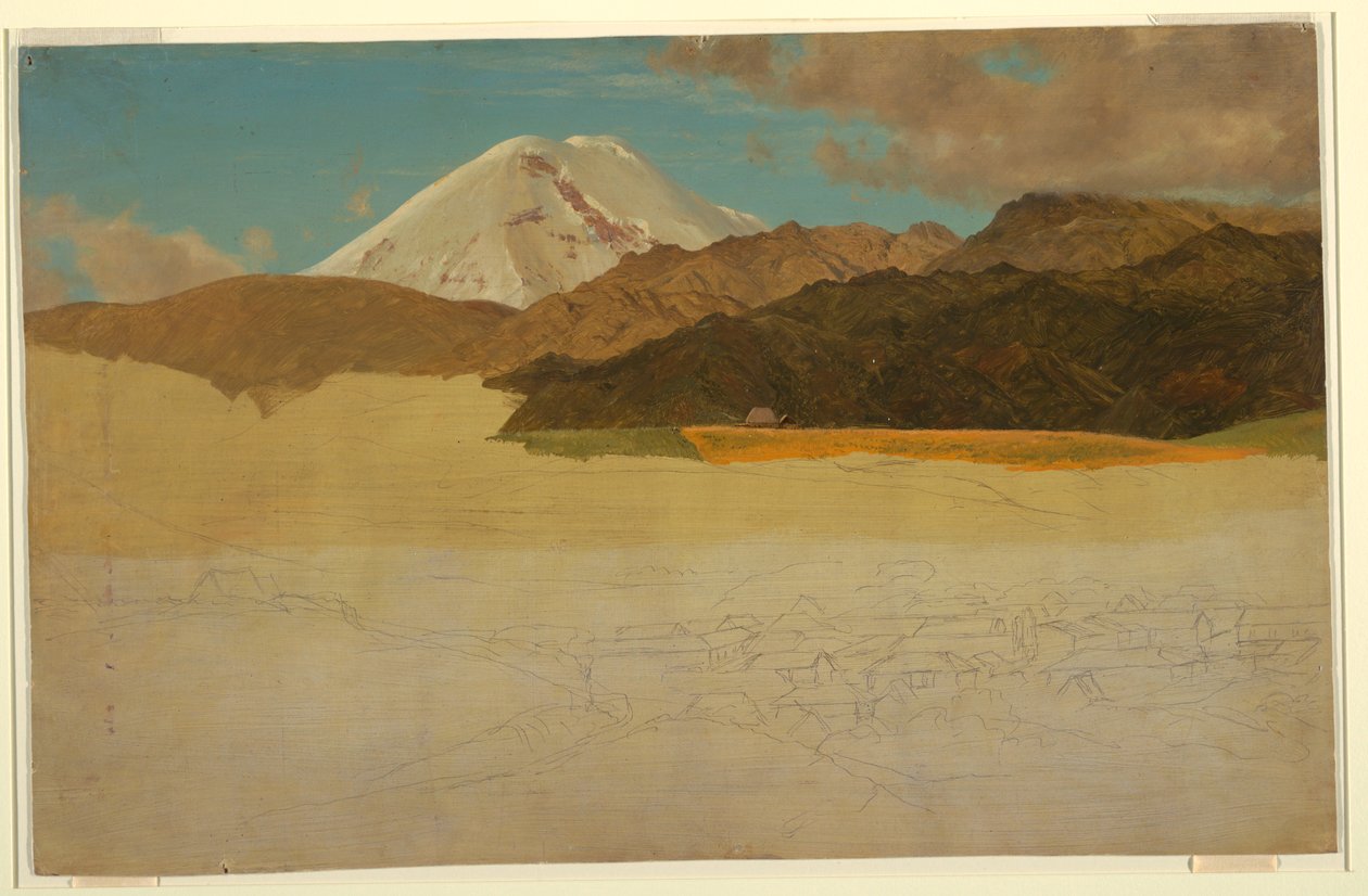 Tekening, Mount Chimborazo en Guaranda, Ecuador, mei of juni 1857 door Frederic Edwin Church