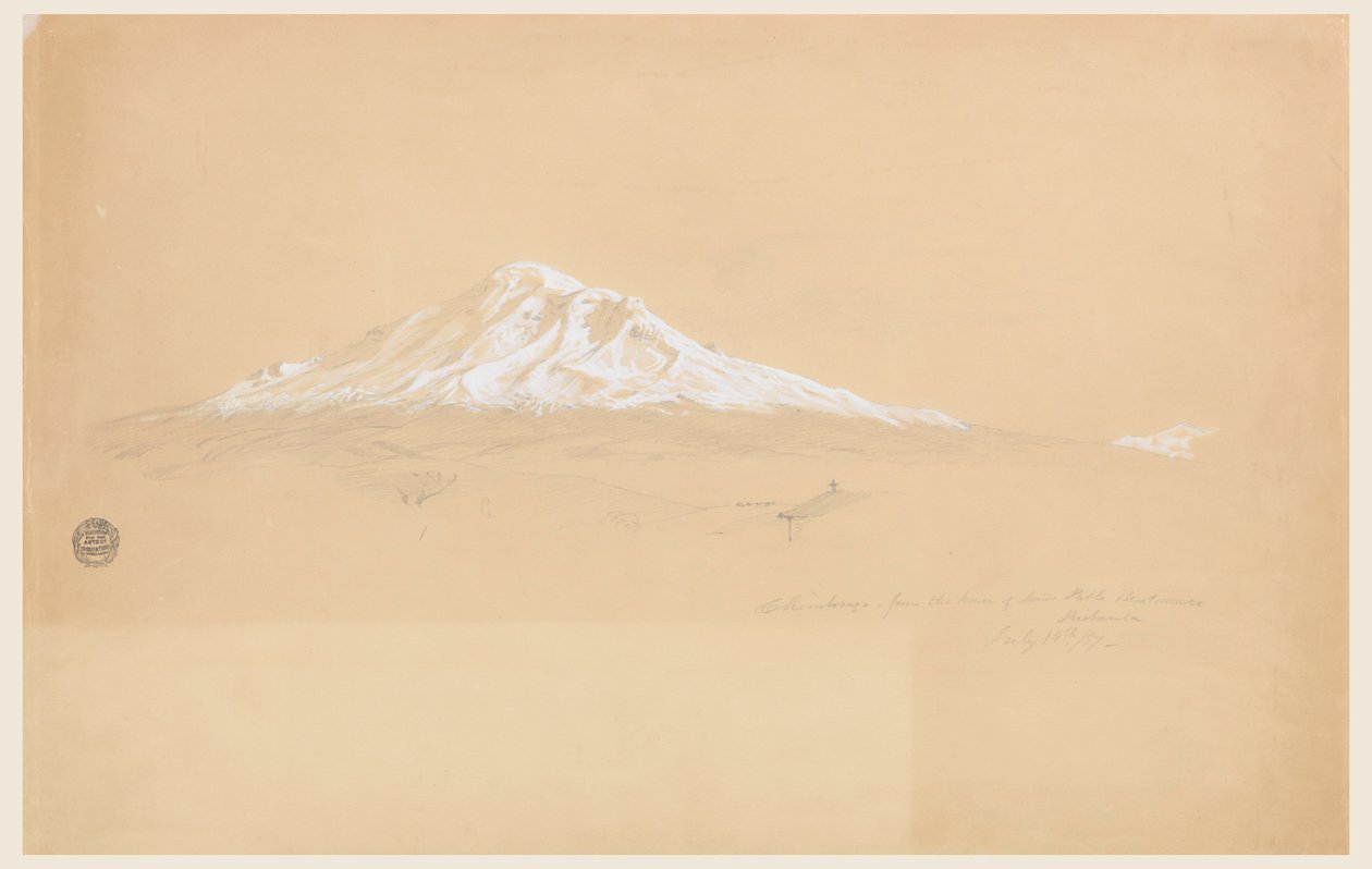 Tekening, Mount Chimborazo vanuit het huis van Senior Pablo Bustamante, Riobamba, Ecuador, 14 juli 1857 door Frederic Edwin Church
