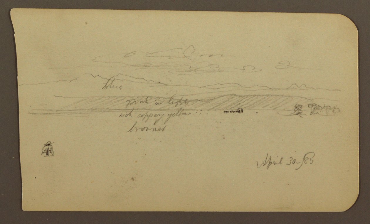 Tekening, Berglandschap, Figuur; Verso: Landschap, 30 april 1885 door Frederic Edwin Church