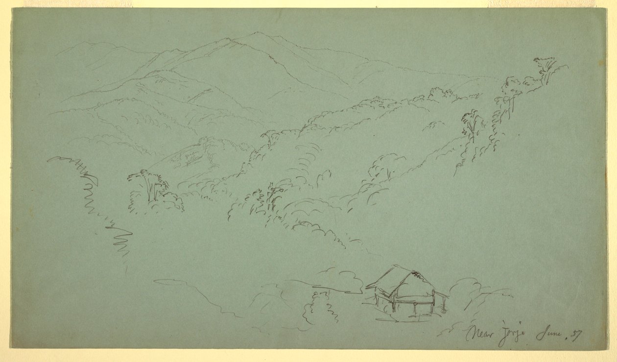 Tekening, Berglandschap, Huis, "bij Jorje," Ecuador, juni 1857 door Frederic Edwin Church