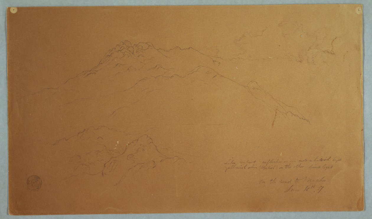 Tekening, Berglandschap op de weg naar Mocho, Ecuador, 16 juni 1857 door Frederic Edwin Church