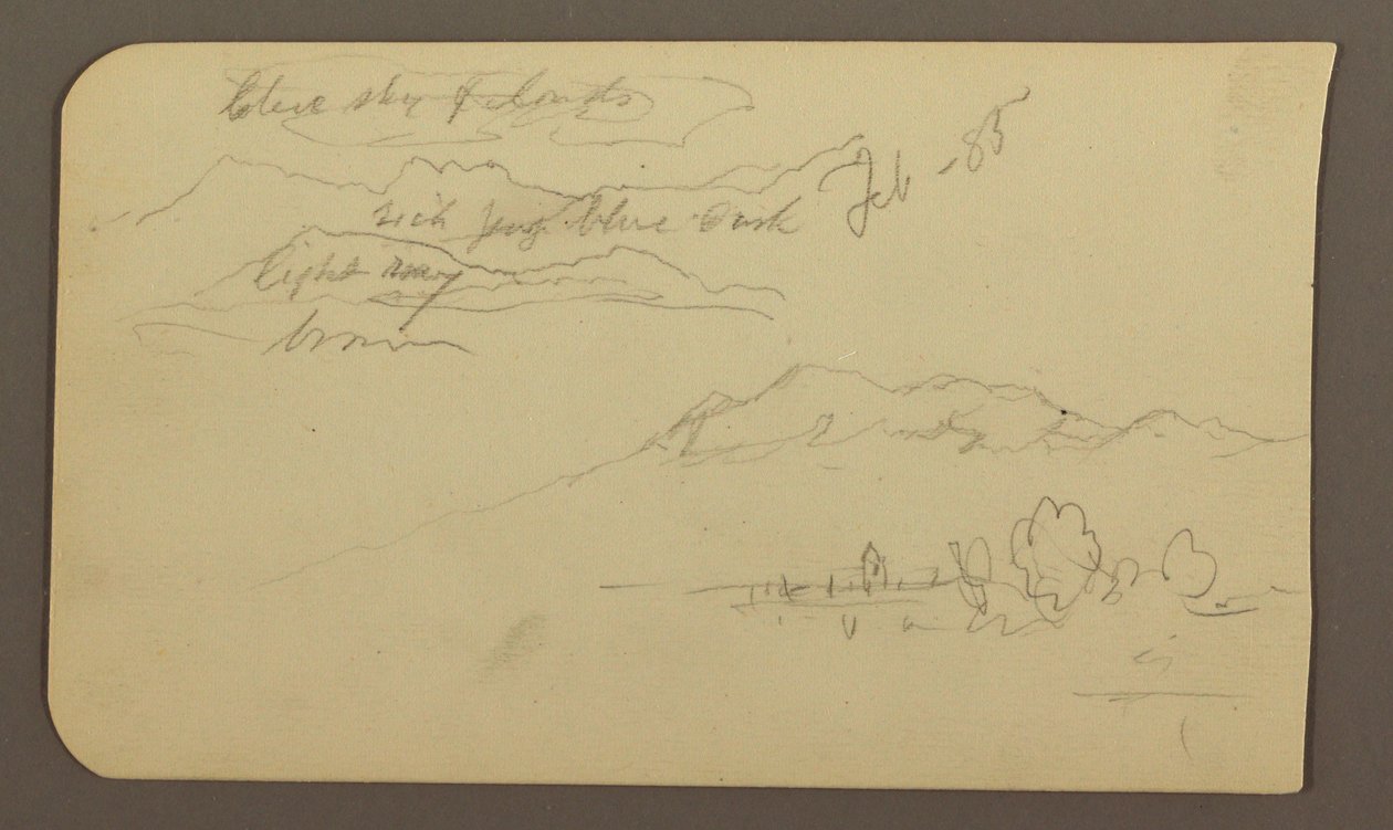 Tekening, Bergketens, Cuautla, Kerk; Verso: hurkend paard, landschapsnotities, februari 1885 door Frederic Edwin Church