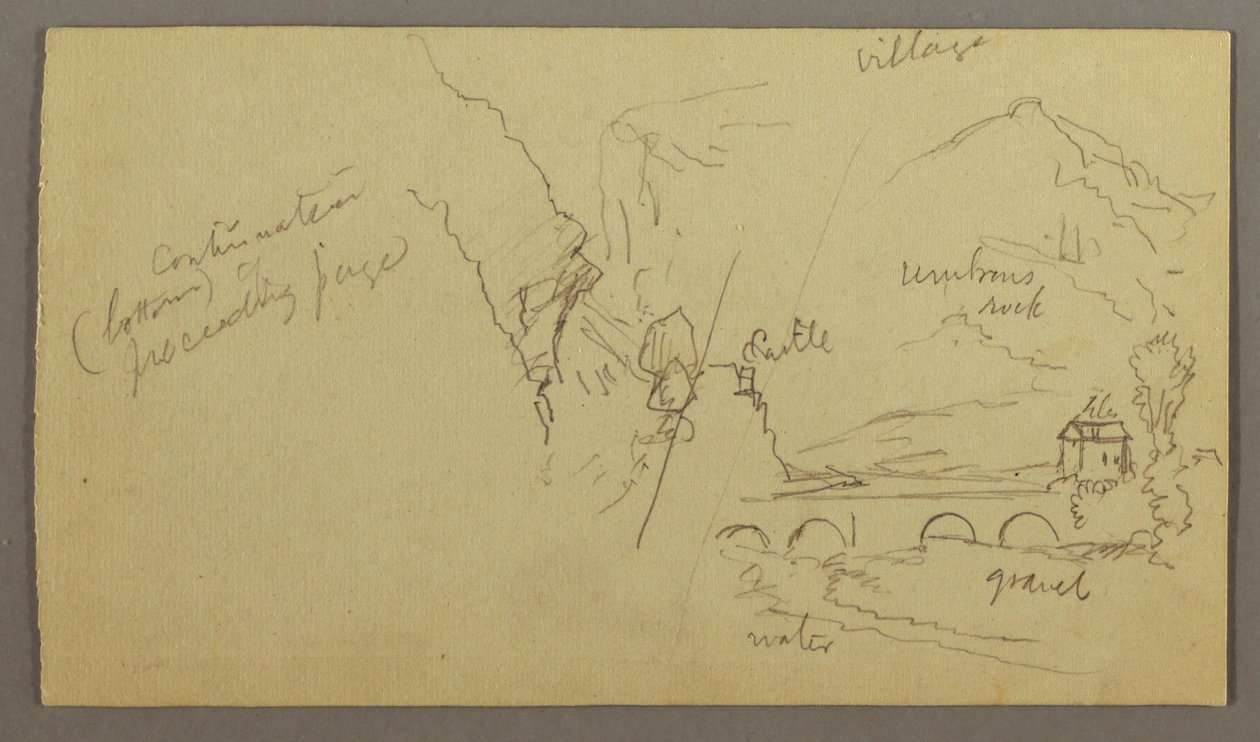 Tekening, Bergdal, Brug, Gebouwen, mogelijk 1868-69 door Frederic Edwin Church