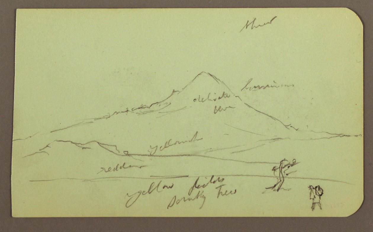 Tekening, Berg, boom, figuur; Verso: kerk, boom, 1883 door Frederic Edwin Church