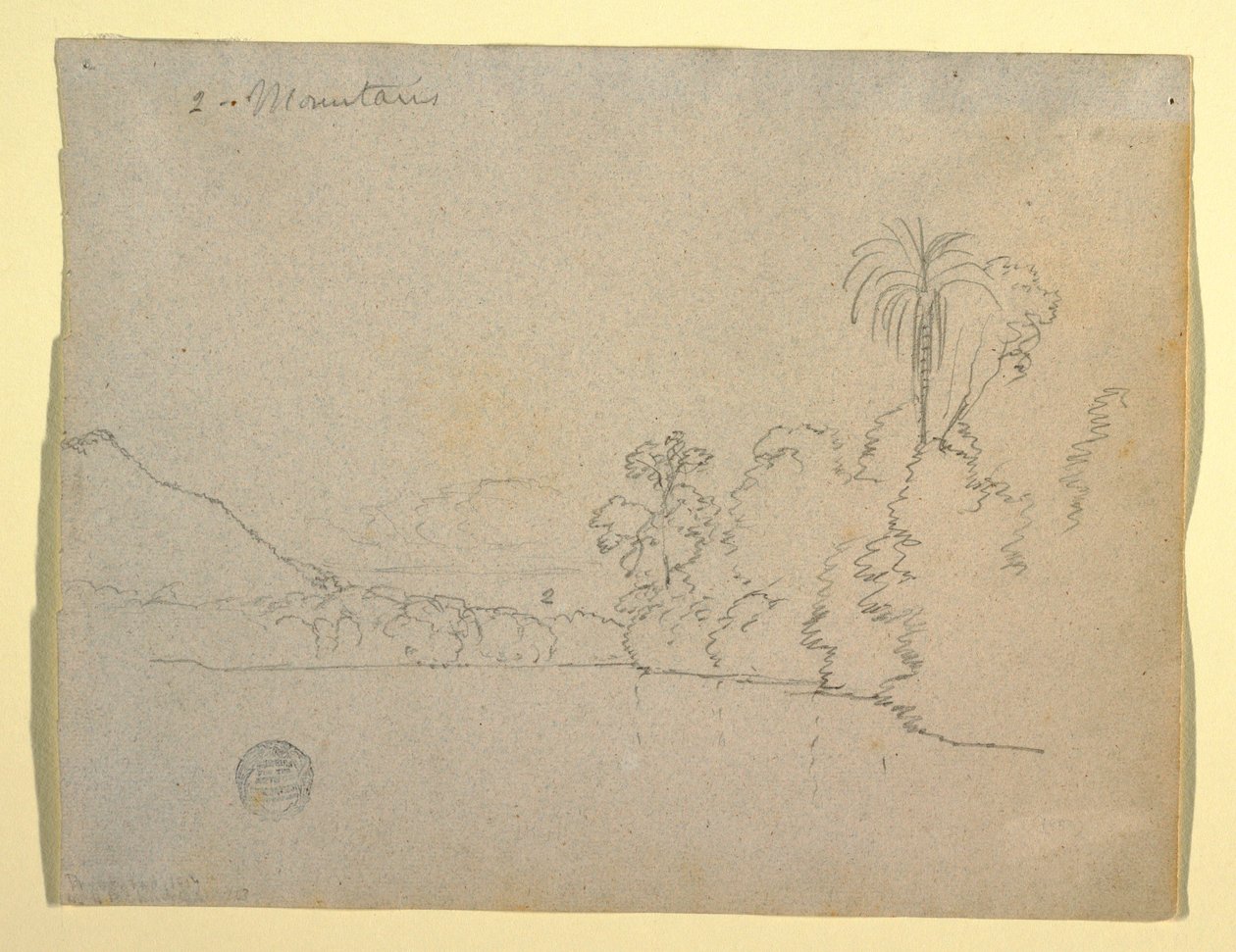 Tekening, Bergachtige oever van een baai, Zuid-Amerika, 1853 door Frederic Edwin Church