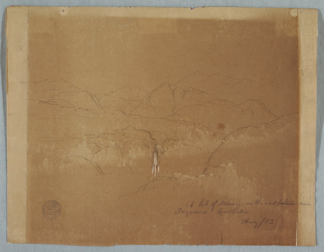 Tekening, Berglandschap met een waterval, bij Tuquerres, Colombia, augustus 1853 door Frederic Edwin Church
