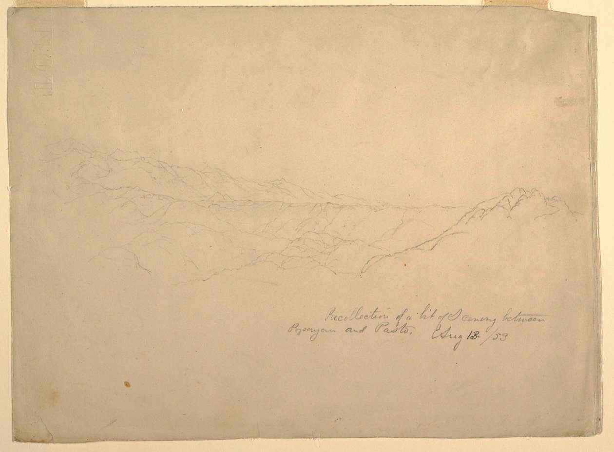 Tekening, Berglandschap tussen Popayan en Pasto, Colombia, 13 augustus 1853 door Frederic Edwin Church