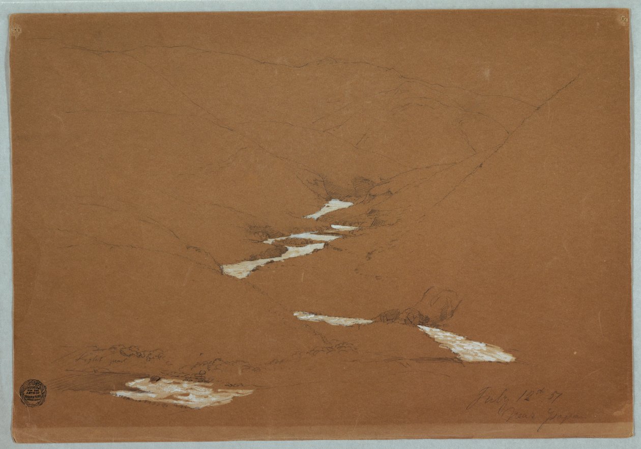 Tekening, Smalle bergvallei met stroomversnelling bij Ysapan, Ecuador, 12 juli 1857 door Frederic Edwin Church