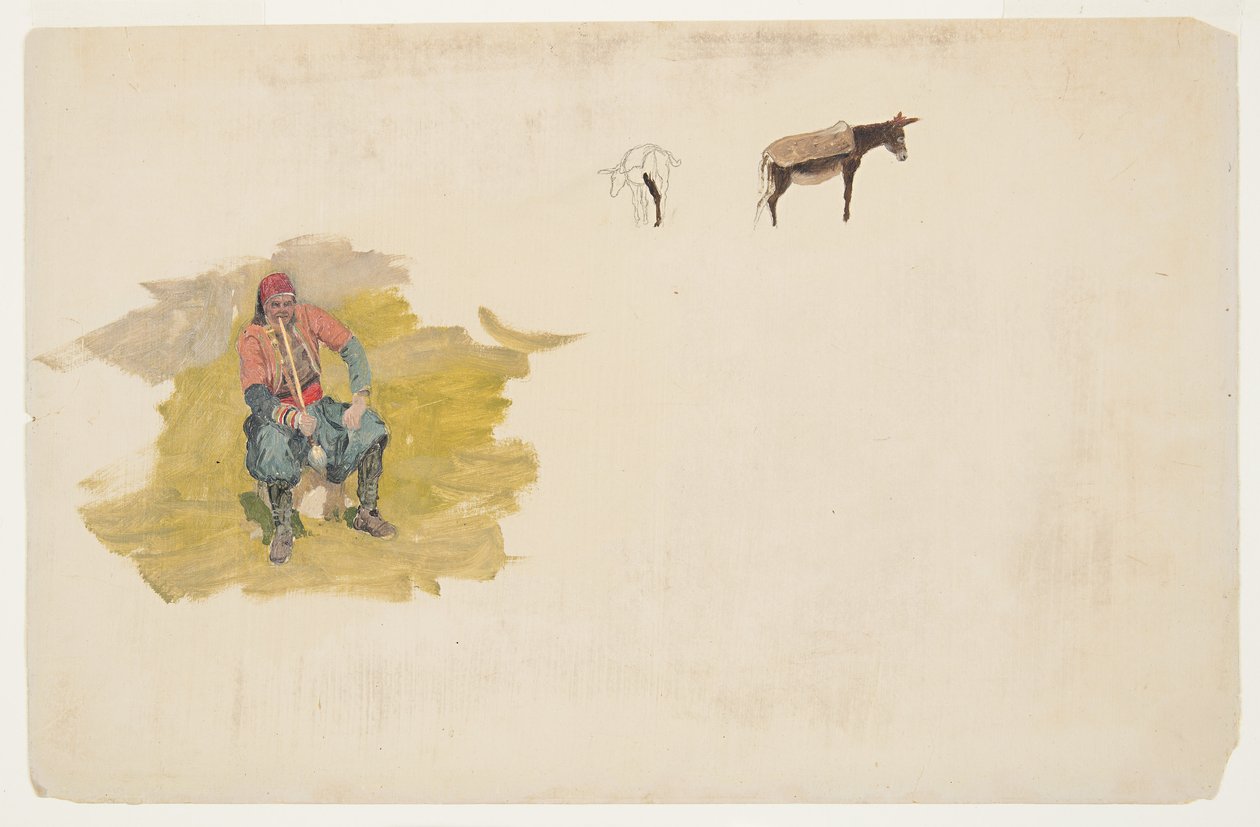 Tekening, Nabije Oosten, man; ezel, 1868-69 door Frederic Edwin Church