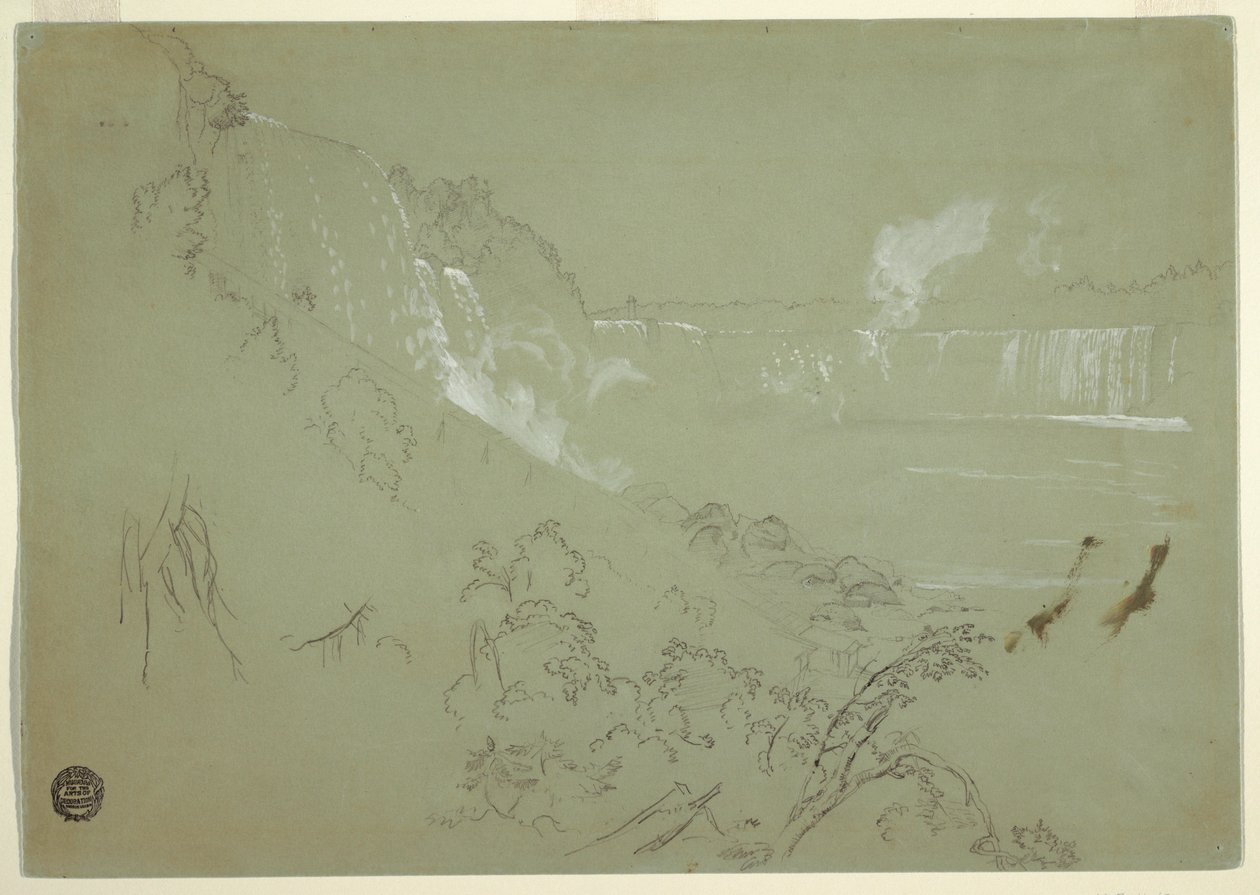 Tekening, Niagara-watervallen vanaf de voet van Prospect Point, 1856 of 1858 door Frederic Edwin Church