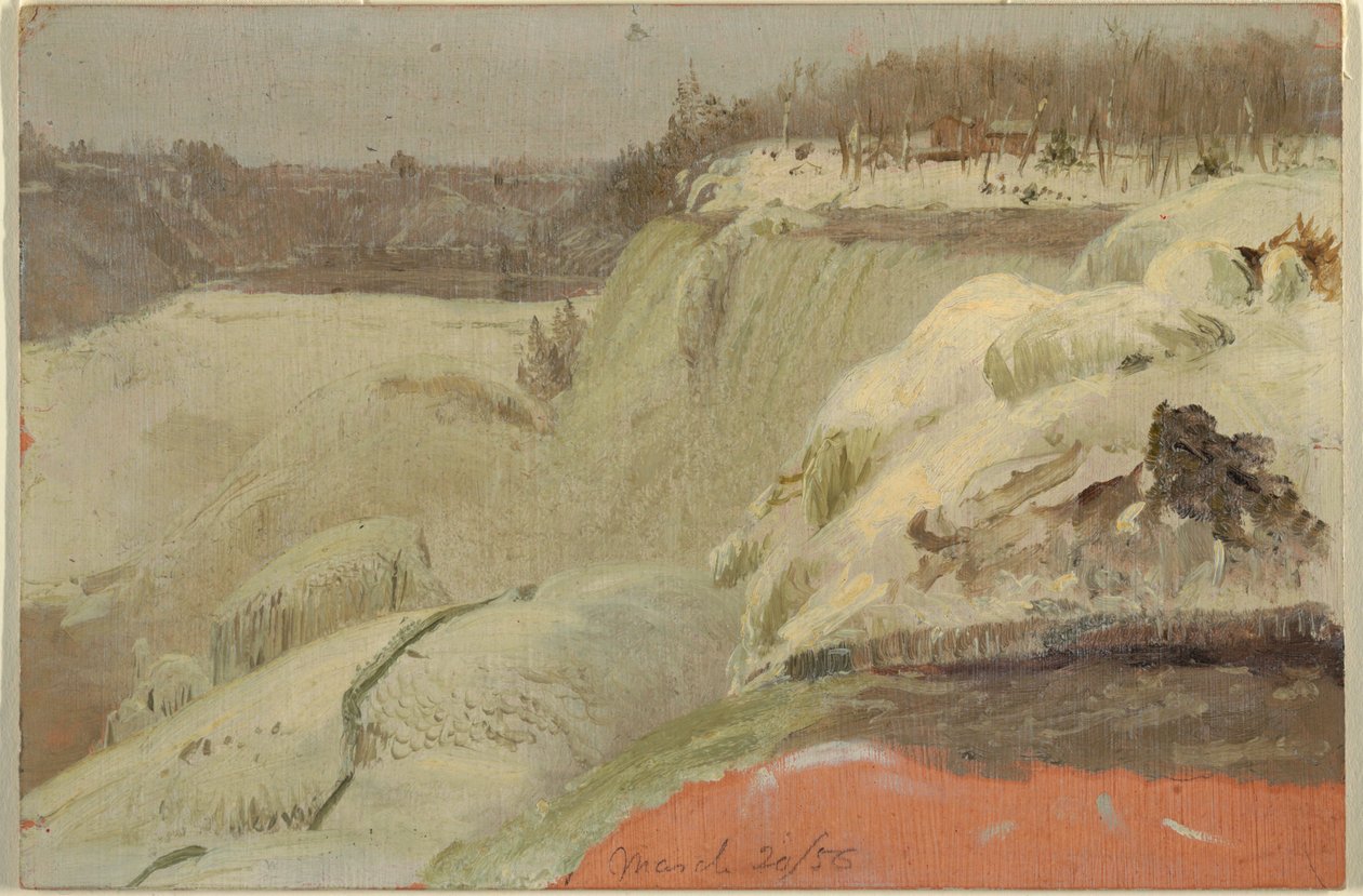 Tekening, Niagara watervallen in de sneeuw, gezien vanaf Goat Island, 1856 door Frederic Edwin Church