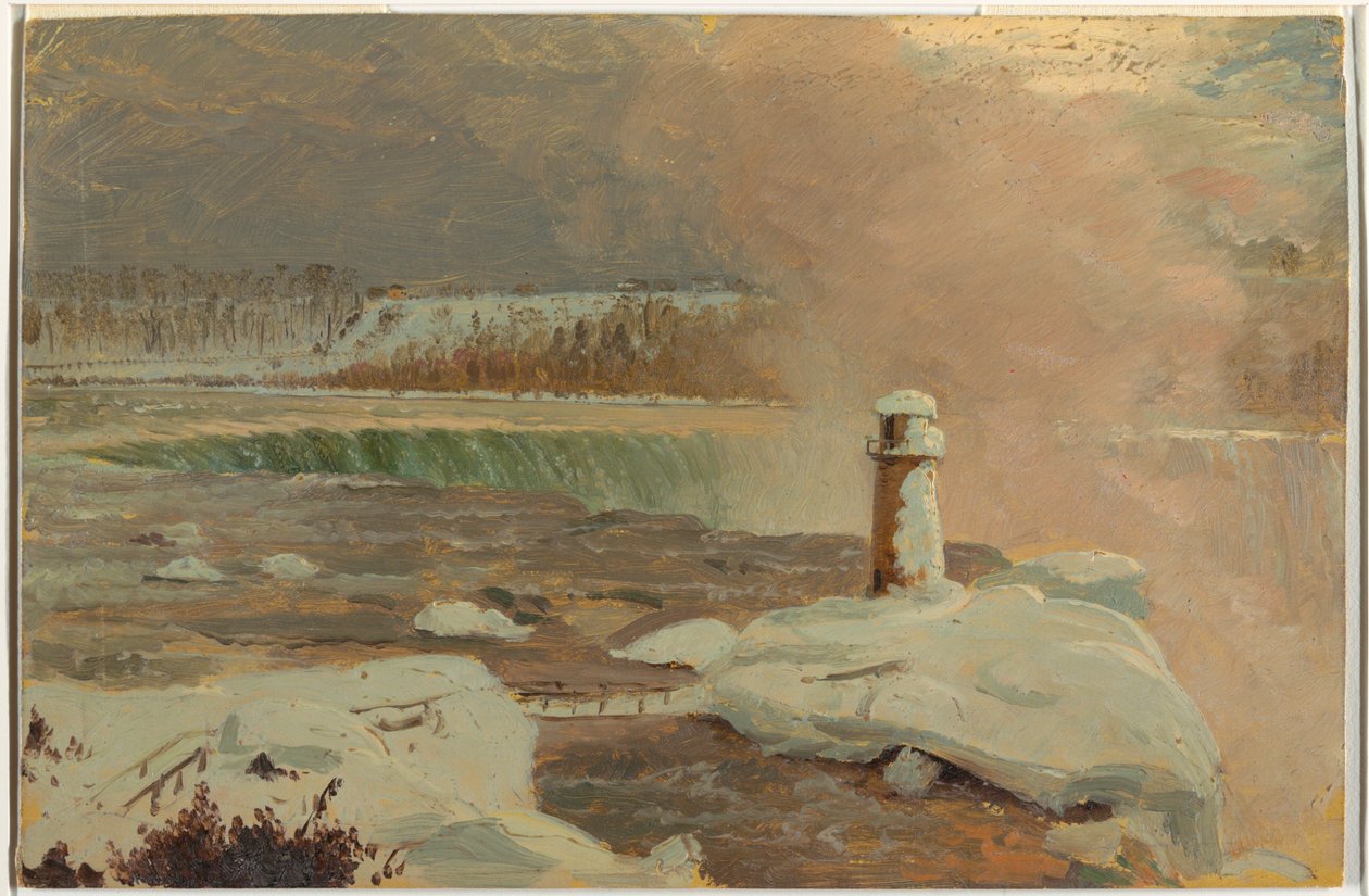 Tekening, Niagara-rivier en watervallen in de sneeuw, maart 1856 door Frederic Edwin Church