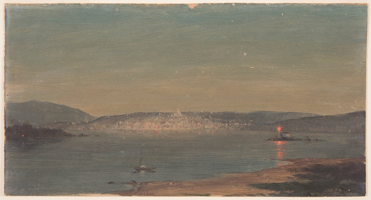 Tekening, Nachtzicht van een zeehaven, waarschijnlijk 1868-69 door Frederic Edwin Church