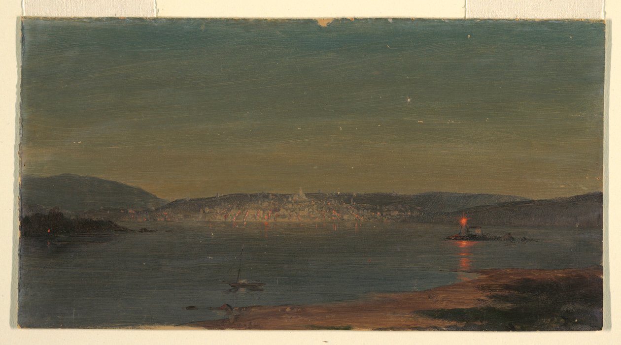 Tekening, Nachtzicht van een zeehaven, waarschijnlijk 1868-69 door Frederic Edwin Church