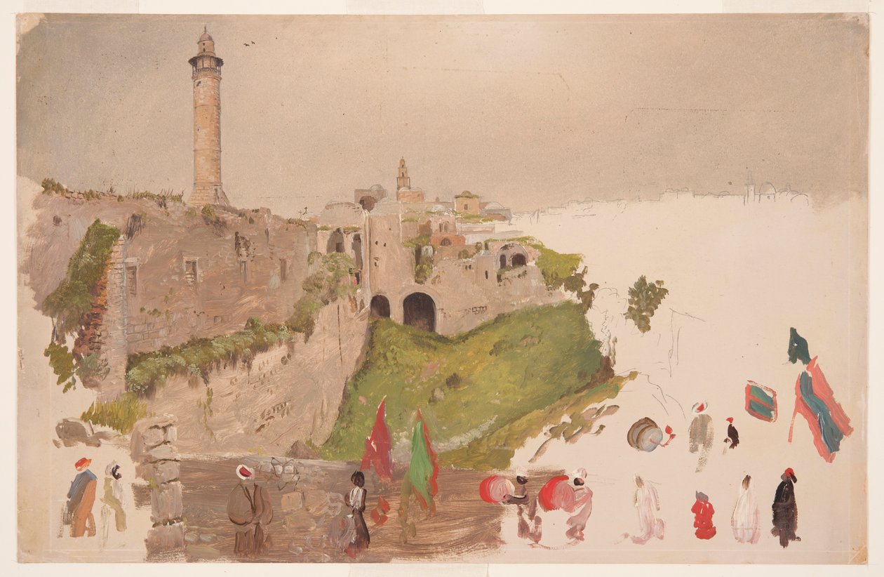 Tekening, Parade die de stad binnenkomt, Jaffa, begin maart 1868 door Frederic Edwin Church