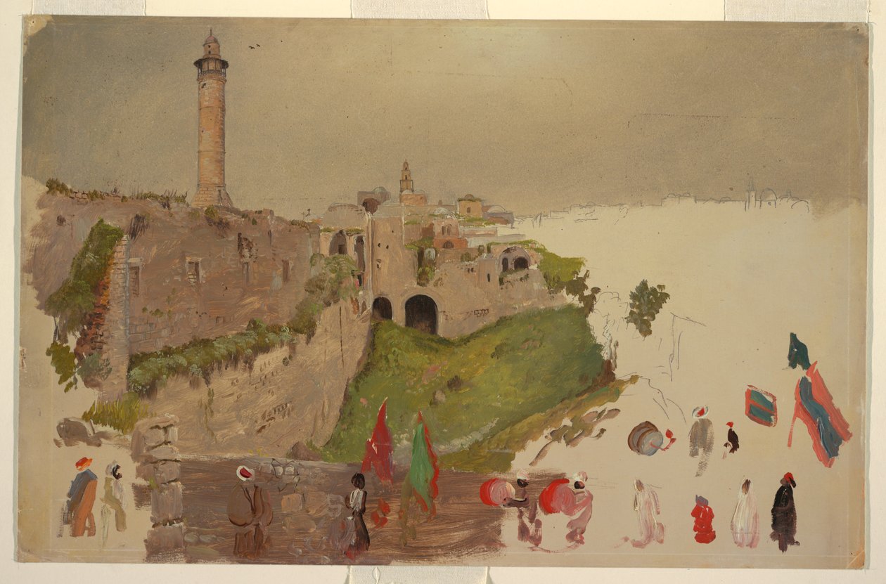 Tekening, Parade die de stad binnenkomt, Jaffa, begin maart 1868 door Frederic Edwin Church