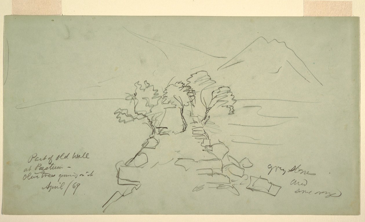 Tekening, deel oude muur in Paestum, olijfbomen groeien erop, april 1869 door Frederic Edwin Church