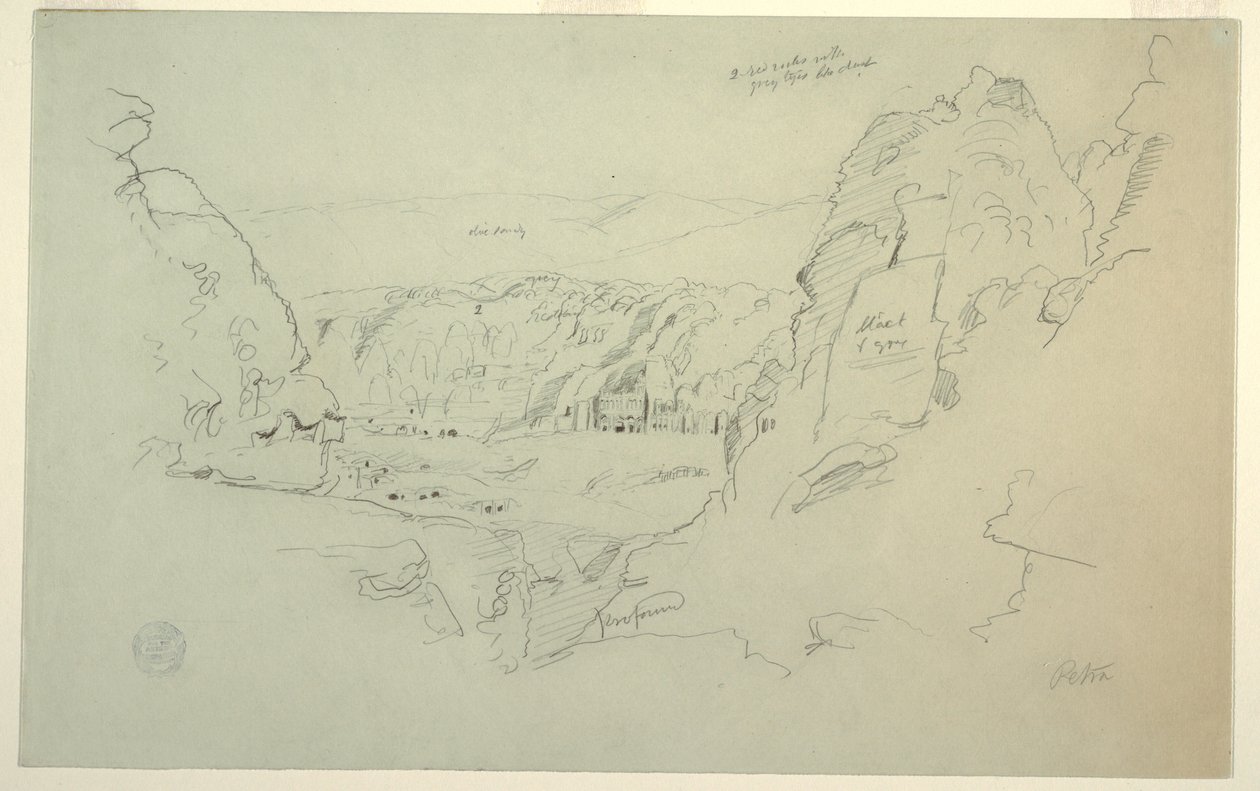 Tekening, Petra, Jordanië vanuit het westen, met het paleis en de Korinthische graftombes, 26 februari 1868 door Frederic Edwin Church