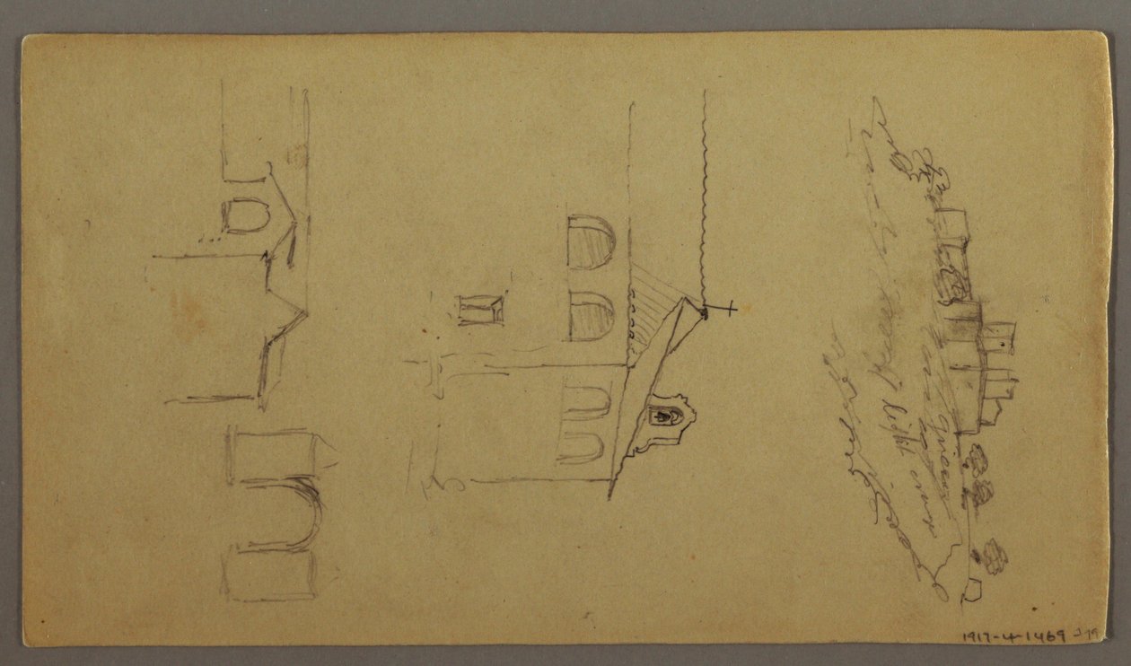 Tekening, Recto: Blanco; Verso: Fortree on Hilltop, Two c, Gateway, mogelijk 1868-69 door Frederic Edwin Church