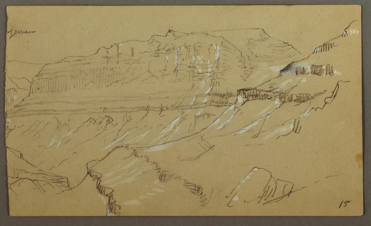 Tekening, rechterdeel van een schets van de El Yemen-vallei, Arabië: Ver uitzicht, 20 februari 1868 door Frederic Edwin Church