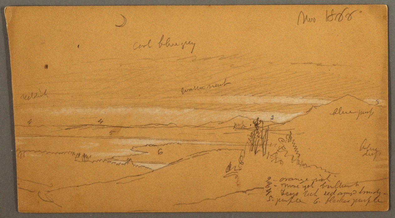Tekening, Rivier door bergdal met hemel en halve maan, november 1866 door Frederic Edwin Church