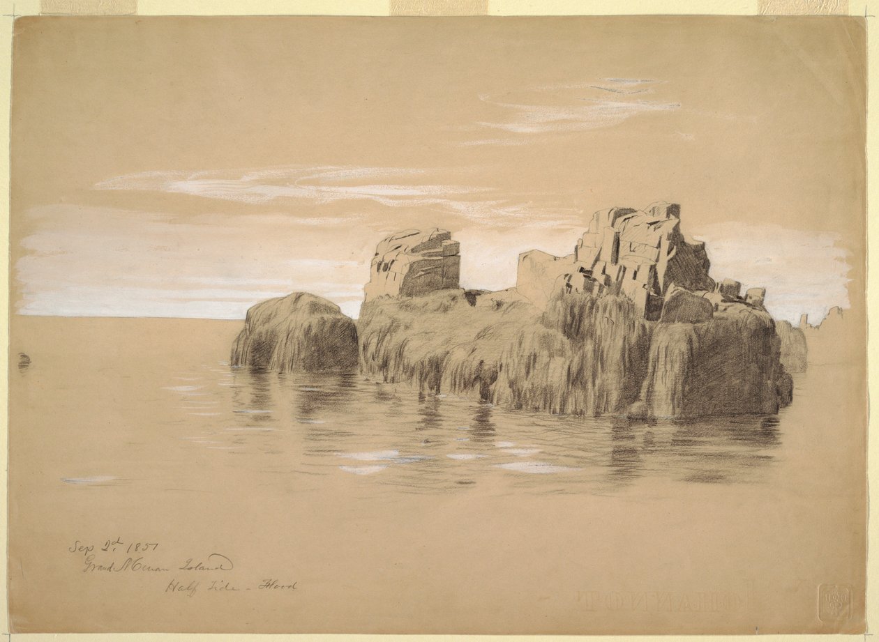 Tekening, Rotsen aan de kust, Grand Manan Island, Canada, 2 september 1851 door Frederic Edwin Church
