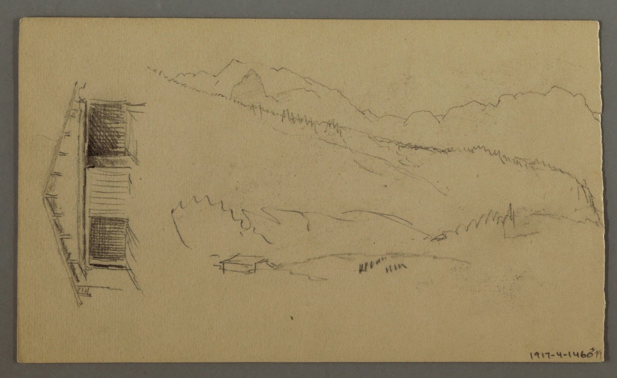 Tekening, daken, poort, bergtoppen, augustus 1868 door Frederic Edwin Church