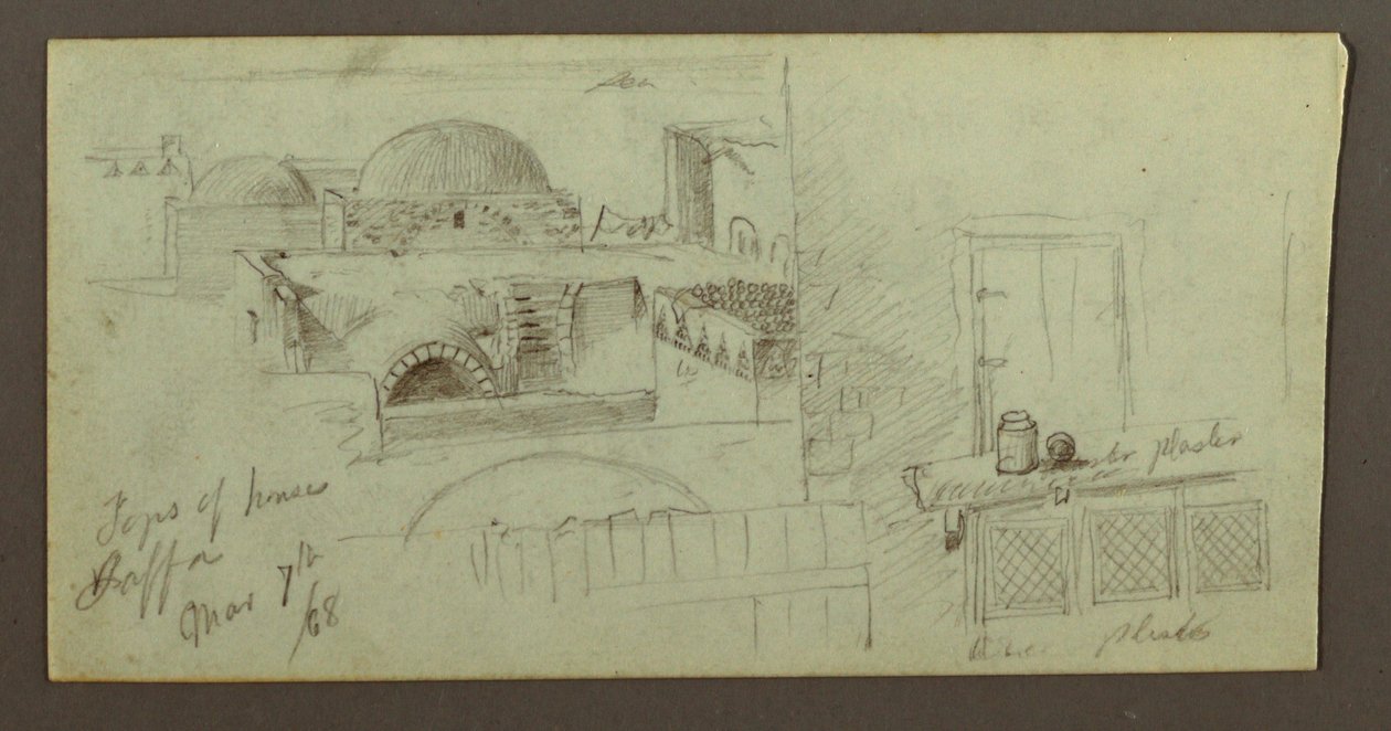 Tekening, daken met uitzicht op zee, deuropening van een huis, 7 maart 1868 door Frederic Edwin Church