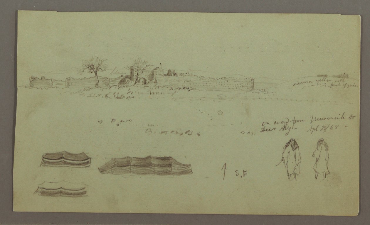 Tekening, Ruïnes omgeven door muren, tenten, twee figuurstudies, 28 april 1868 door Frederic Edwin Church