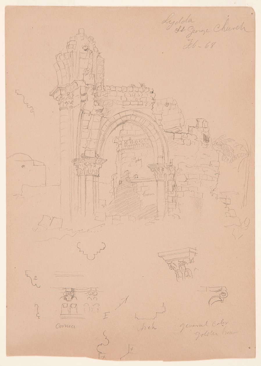 Tekening, Ruïnes van de Sint-Joriskerk, Lydda [het huidige Lod], 7 februari 1868 door Frederic Edwin Church