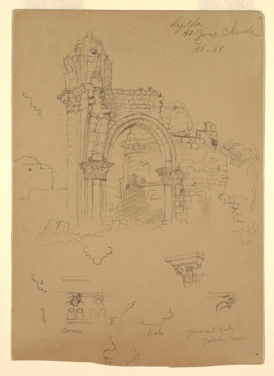 Tekening, Ruïnes van de Sint-Joriskerk, Lydda [het huidige Lod], 7 februari 1868 door Frederic Edwin Church