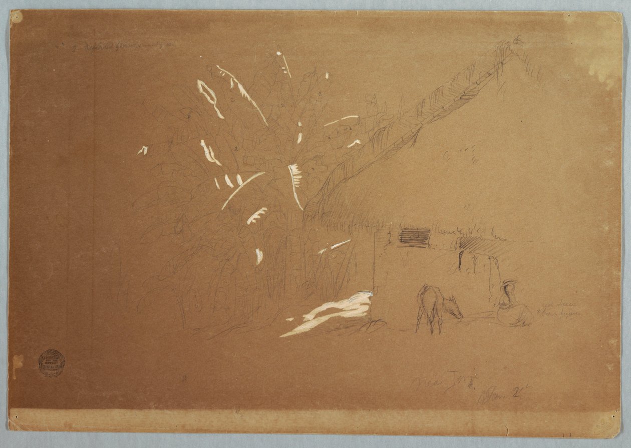 Tekening, Zittende vrouw en grazende ezel voor een huis bij Jorje, Ecuador, 23 juni 1857 door Frederic Edwin Church