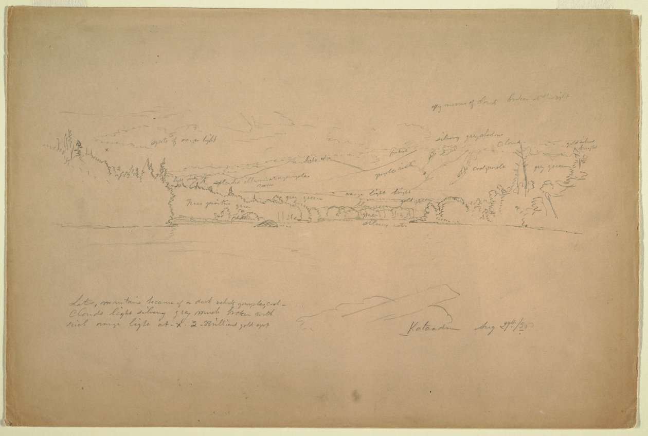 Tekening, Kust van het meer en uitlopers van de berg Katahdin, 29 augustus 1856 door Frederic Edwin Church