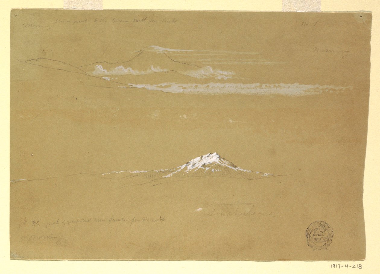 Tekening, Sincholagua, ochtend, vanaf de Tempel van de Zon, Quito, 24 juni 1857 door Frederic Edwin Church