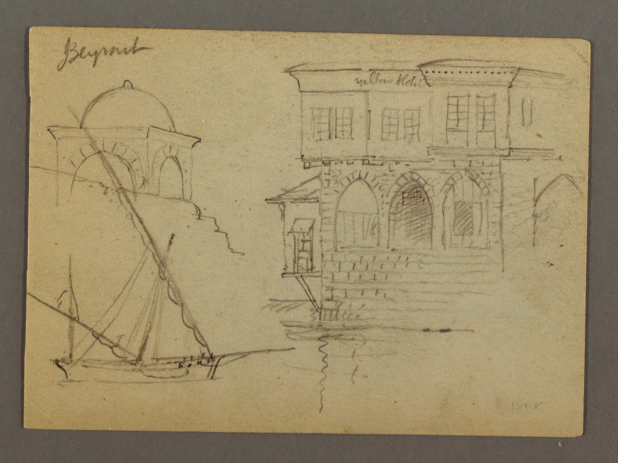 Tekening, Schetsen van een koepelstructuur, schip en statig huis, januari 1868 door Frederic Edwin Church