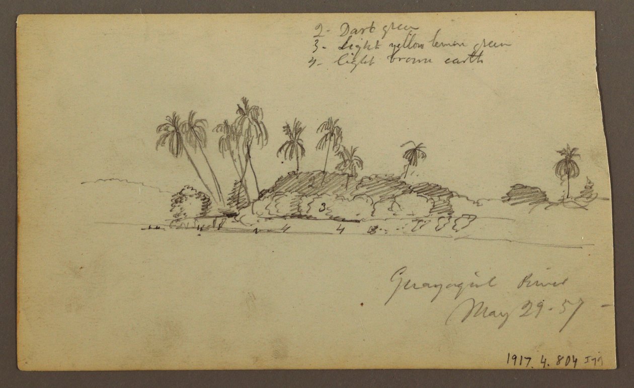 Tekening, Lucht boven zee; Verso: Bank van de Guayas bij Guayaquil, Ecuador, 29 mei 1857 door Frederic Edwin Church