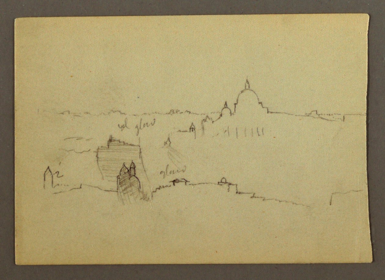 Tekening, Sint-Pietersbasiliek gezien vanuit het noorden tegen de heuvels en skyline van Rome, januari 1869 door Frederic Edwin Church