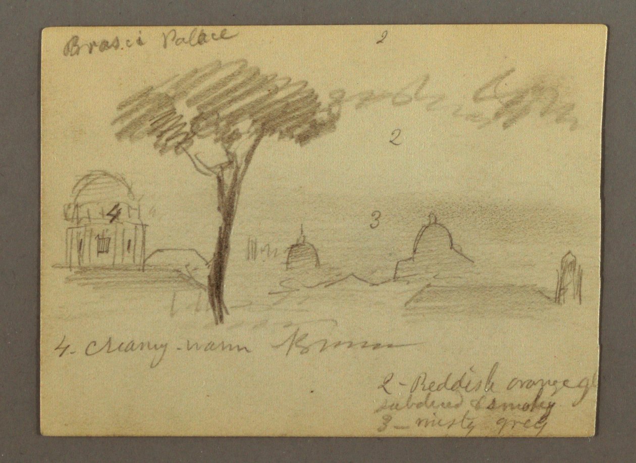 Tekening, Sint-Pietersbasiliek en Vaticaanstad (gezien vanuit het noorden), Rome, Italië, januari 1869 door Frederic Edwin Church
