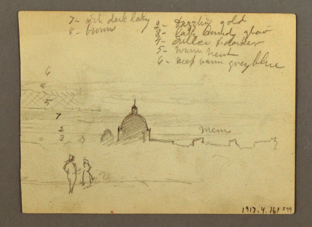 Tekening, Sint-Pietersbasiliek en Vaticaanstad (gezien vanuit het noorden), Rome, Italië, januari 1869 door Frederic Edwin Church