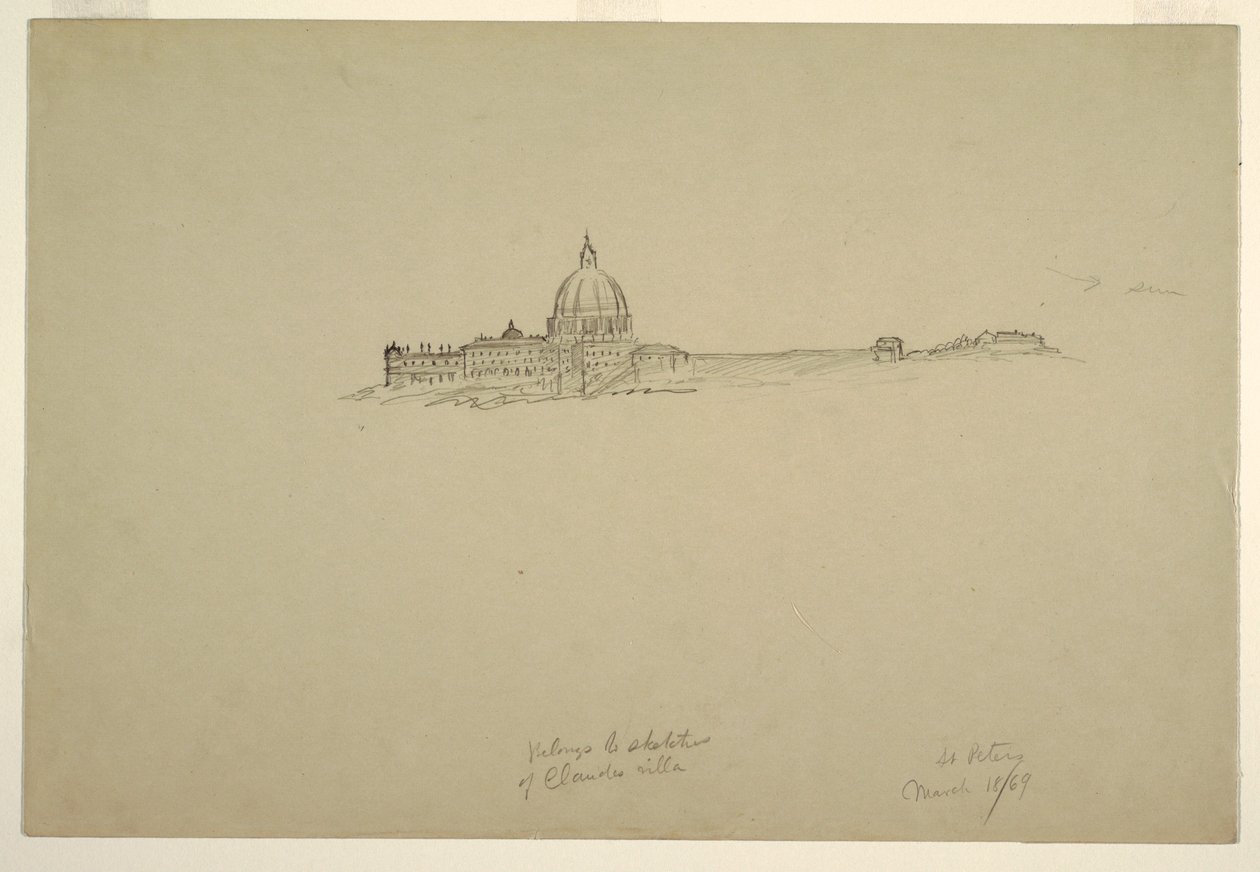 Tekening, Sint-Pieters en het Vaticaanse paleis vanuit het noordoosten, 18 maart 1869 door Frederic Edwin Church