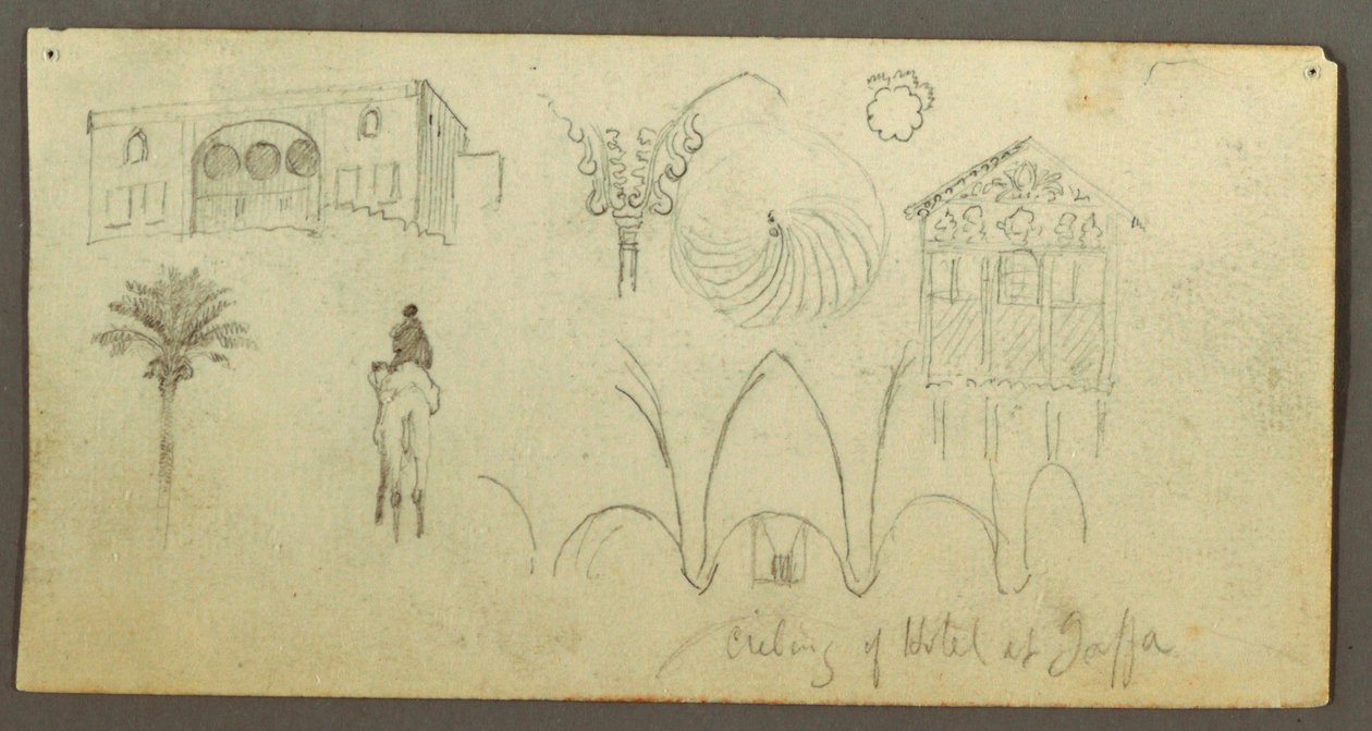 Tekening, Statig huis, figuur rijdt, kameel, architectuurstudies, palmboom, mogelijk 1868 door Frederic Edwin Church
