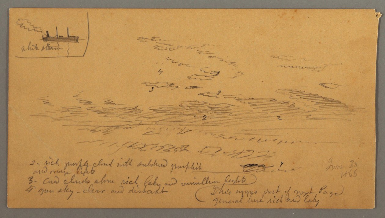 Tekening, Stoomboot, luchtstudie, 30 juni 1866 door Frederic Edwin Church