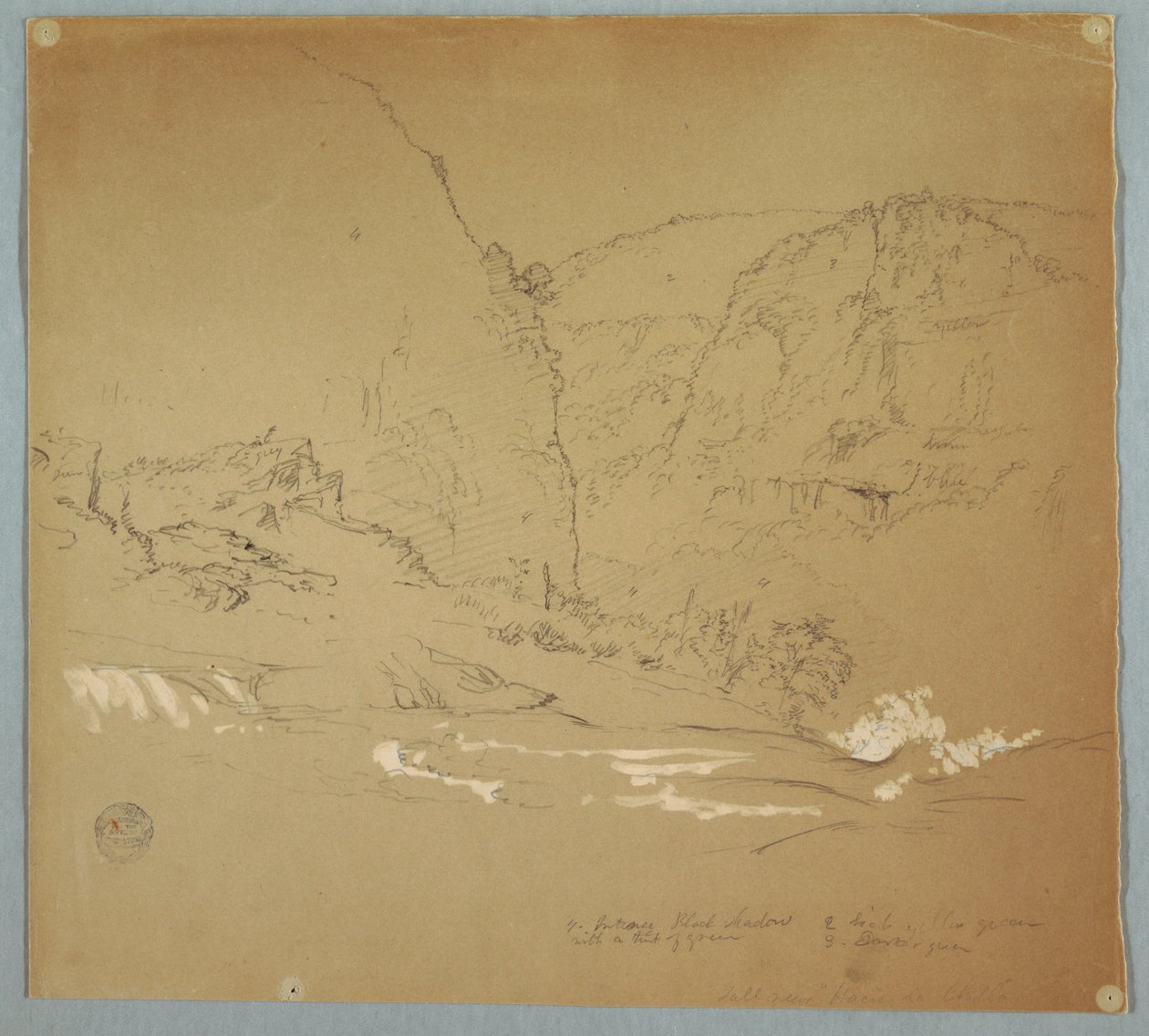 Tekening, Beek die naar de rand van de watervallen leidt bij Hacienda Chillo, Ecuador, 26 juni 1857 door Frederic Edwin Church